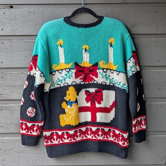 VTG 80s Heirlooms HandKnit 100% Wool Intarsia Christmas Holiday Sweater Medium - Picture 6 of 8